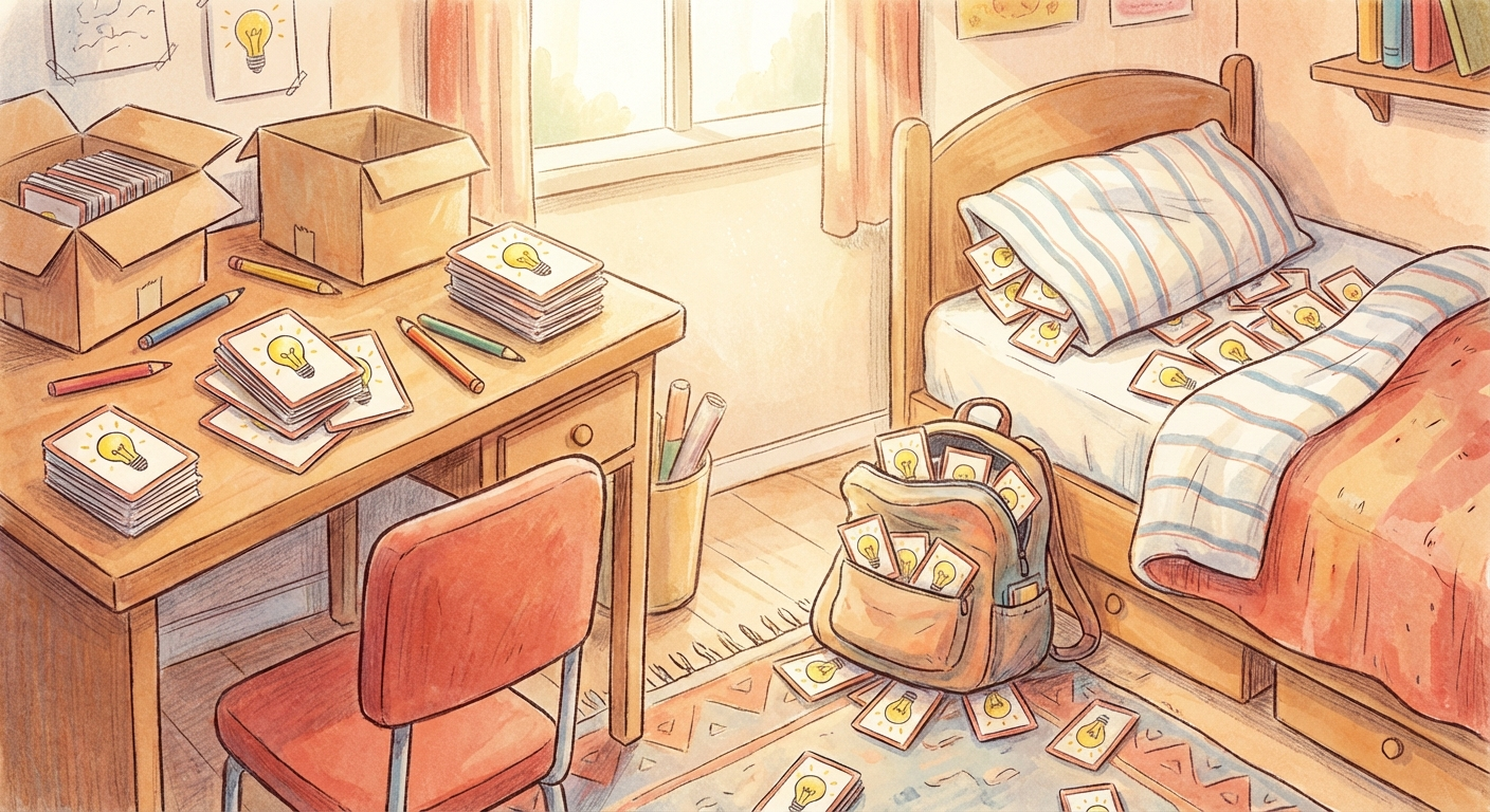 Idea cards scattered across a room -- on a desk, in boxes, in a backpack, on the bed. Each card has a lightbulb on it.